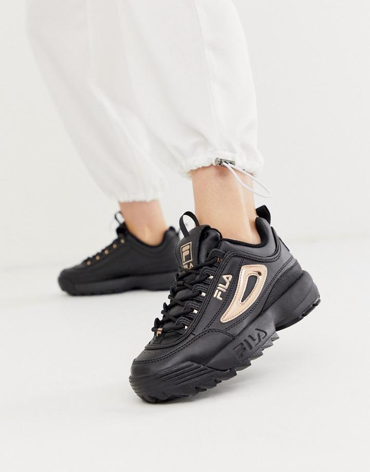 Fila Disruptor Ii Sneakers In Black With Rose Gold