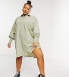 Asos Design Curve Oversized Boyfriend Mini Shirt Dress In Light Khaki-green