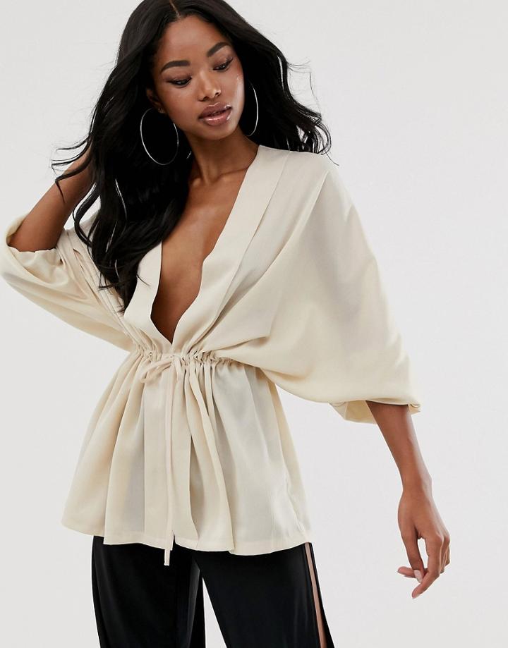 Prettylittlething Plunge Blouse With Kimono Sleeve In Beige - Beige