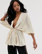 Prettylittlething Plunge Blouse With Kimono Sleeve In Beige - Beige