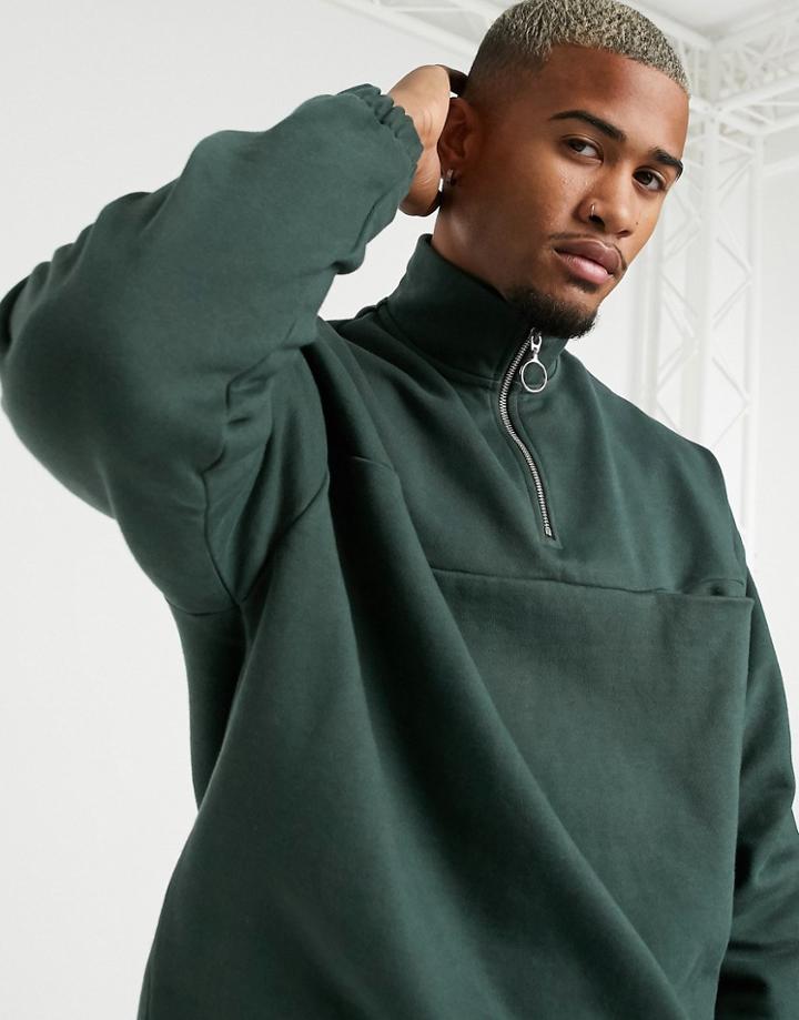 Asos Design Heavyweight Sweatshirt With Funnel Neck & Half Zip In Forest Green