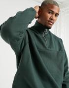 Asos Design Heavyweight Sweatshirt With Funnel Neck & Half Zip In Forest Green