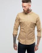 Asos Skinny Military Shirt In Stone Twill With Long Sleeves - Stone