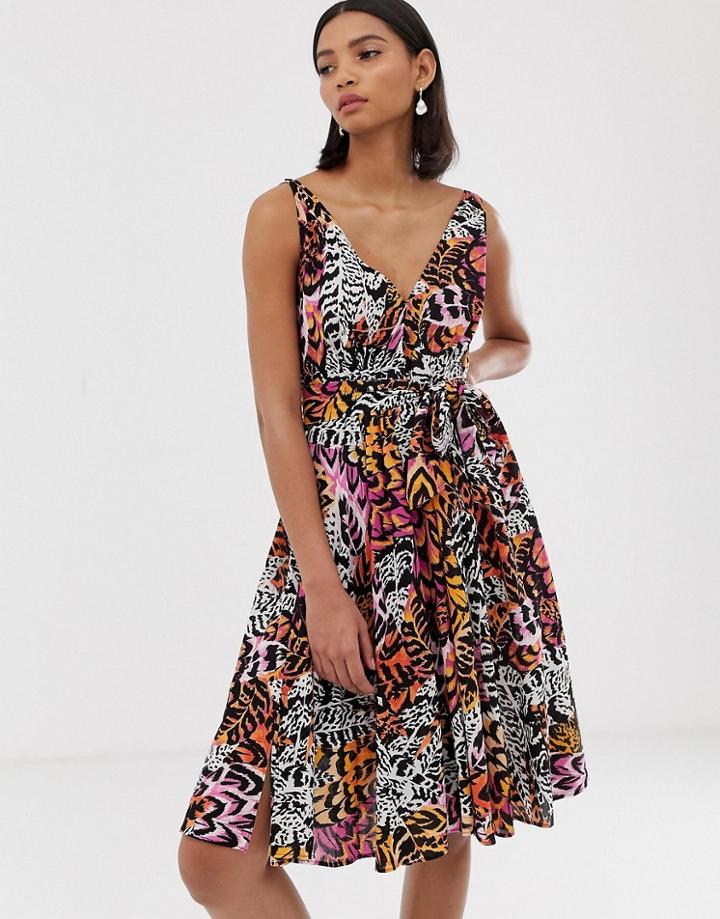 & Other Stories Skater Tie Waist Dress In Feather Print - Multi