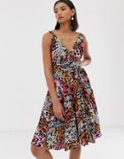 & Other Stories Skater Tie Waist Dress In Feather Print - Multi