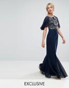 Amelia Rose Embellished Maxi Dress With Fluted Chiffon Sleeve - Navy