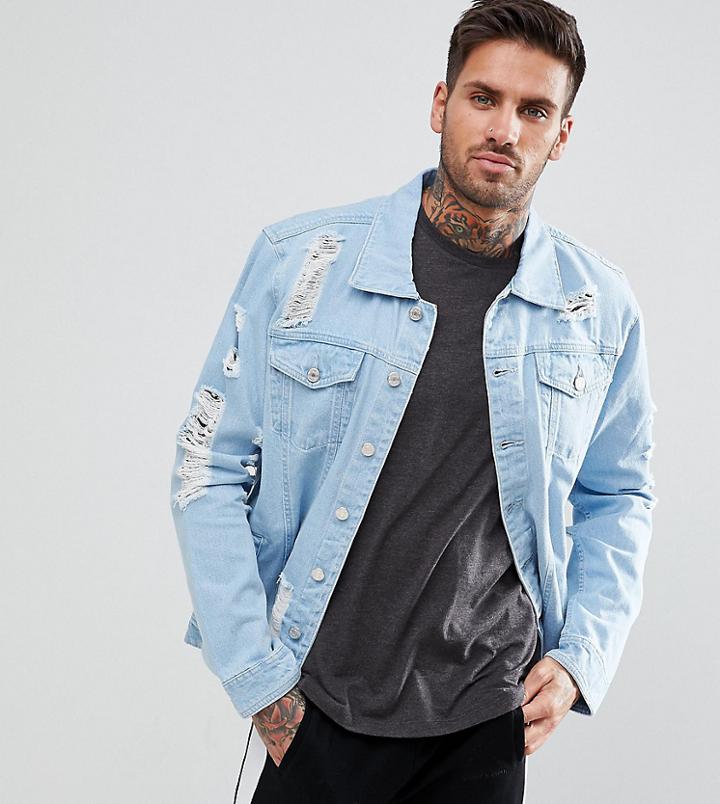 Brooklyn Supply Co Stone Wash Denim Jacket With Extreme Rips - Blue