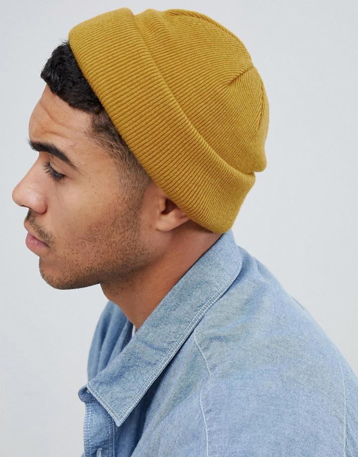 Asos Design Mini Fisherman Beanie In Mustard - Yellow