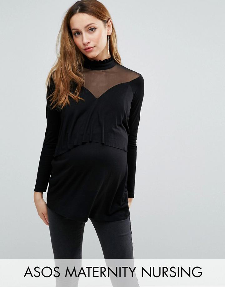 Asos Maternity Nursing Victoriana Mesh Insert Top - Black