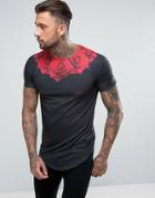 Siksilk Muscle T-shirt In Black With Rose Print - Black
