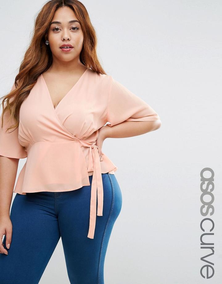 Asos Curve Wrap Front Tea Blouse - Pink