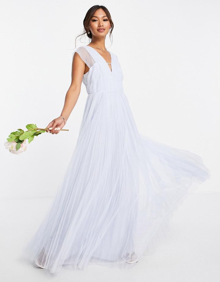 Asos Design Tulle Plunge Maxi Dress With Shirred Sleeves In Powder Blue-blues