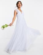 Asos Design Tulle Plunge Maxi Dress With Shirred Sleeves In Powder Blue-blues