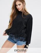 Rokoko Long Sleeve Top With High Neck In Plisse With Lace Trim - Black