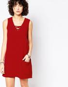 Influence Lace Up Shift Dress With Front Pockets - Red