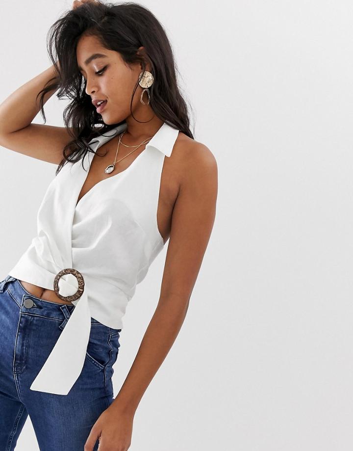 Asos Design Halter Top With Collar And Buckle Detail-white