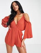Missguided Cold Shoulder Romper In Rust-red