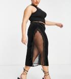 Asos Design Curve Velvet Midi Skirt With Lace Inserts In Black
