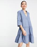 Vero Moda Cotton Blend Chambray Smock Mini Dress In Blue - Mblue-blues