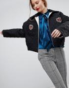 Sister Jane Quilted Bomber Jacket With Embellished Broach Detail - Black
