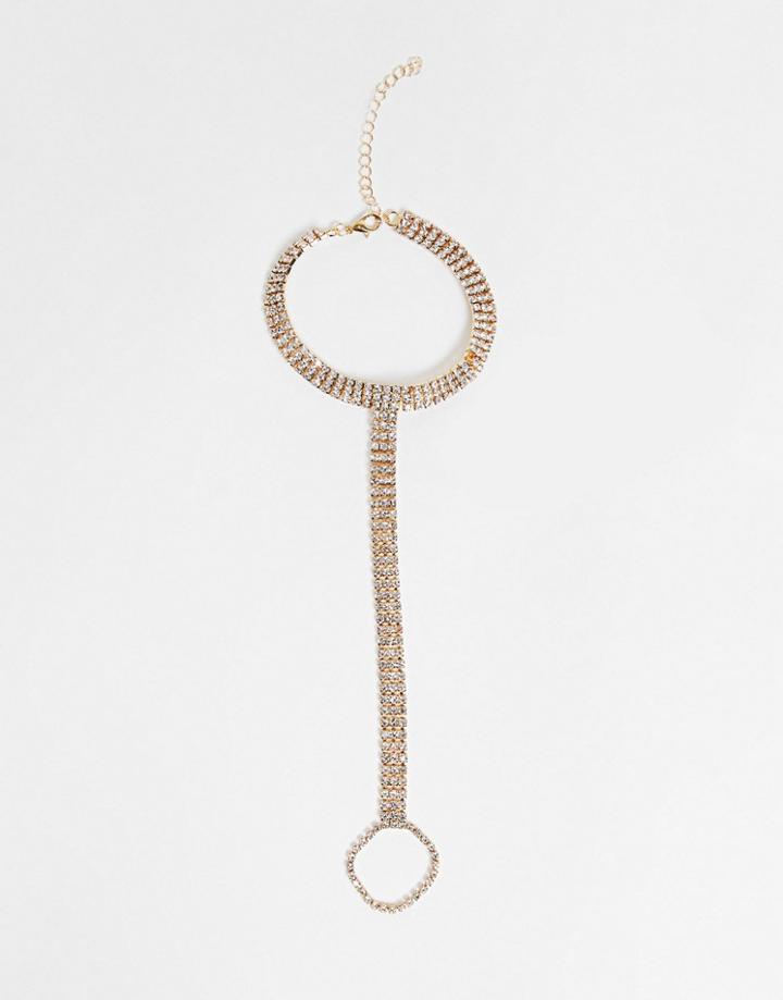 Ego Anklet With Toe Ring In Gold Rhinestone