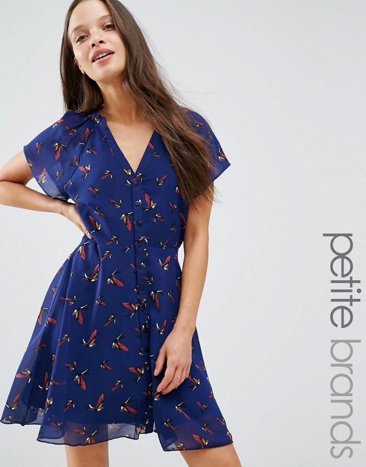 Yumi Petite Tea Dress In Bird Print - Navy