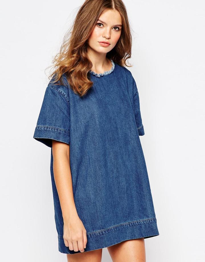 Waven Marta Denim T-shirt Dress With Raw Edge Detail - Sea Blue