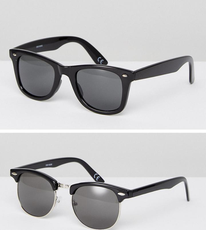 Asos 2 Pack Square & Retro Sunglasses In Black Save - Black
