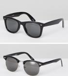 Asos 2 Pack Square & Retro Sunglasses In Black Save - Black