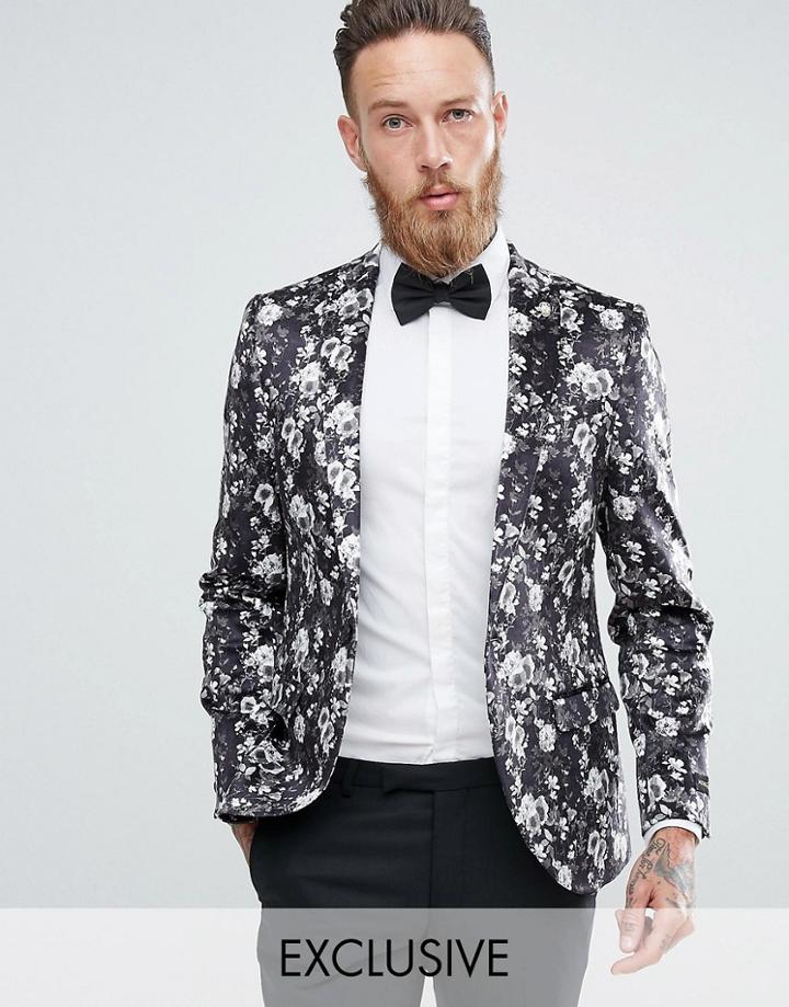 Noose & Monkey Super Skinny Blazer In Velvet With Print - Black