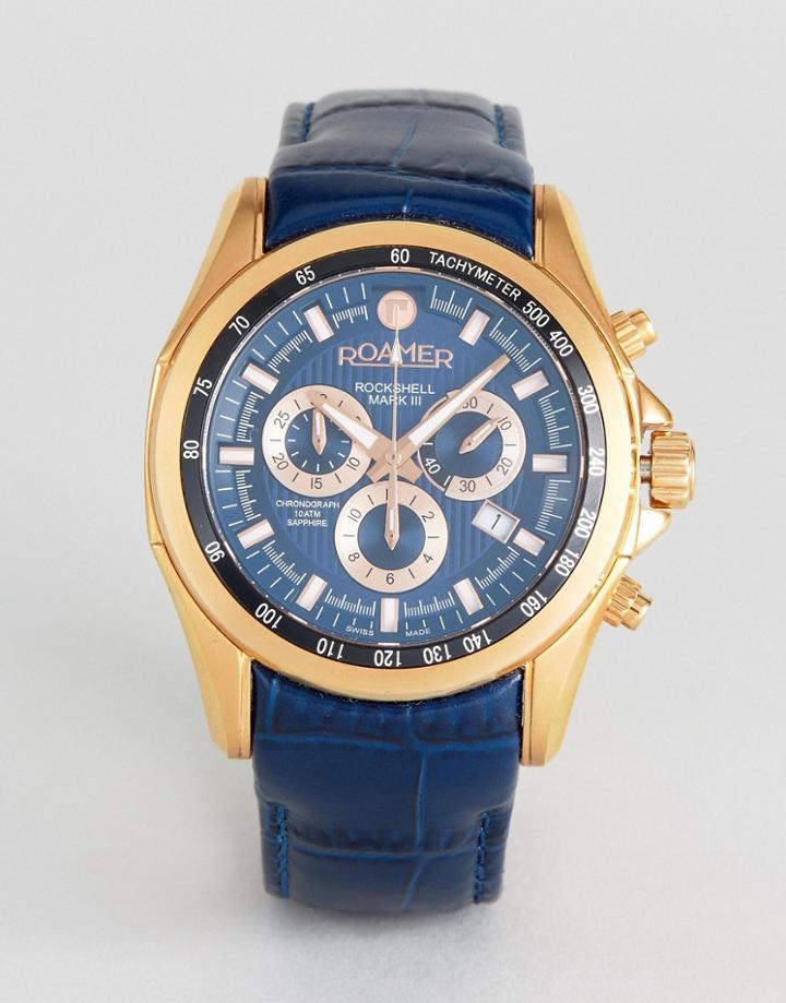 Roamer Watch With Rose Gold Detail Navy Leather Strap - Black