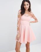 City Goddess Skater Dress With Lace Sleeves - Pink