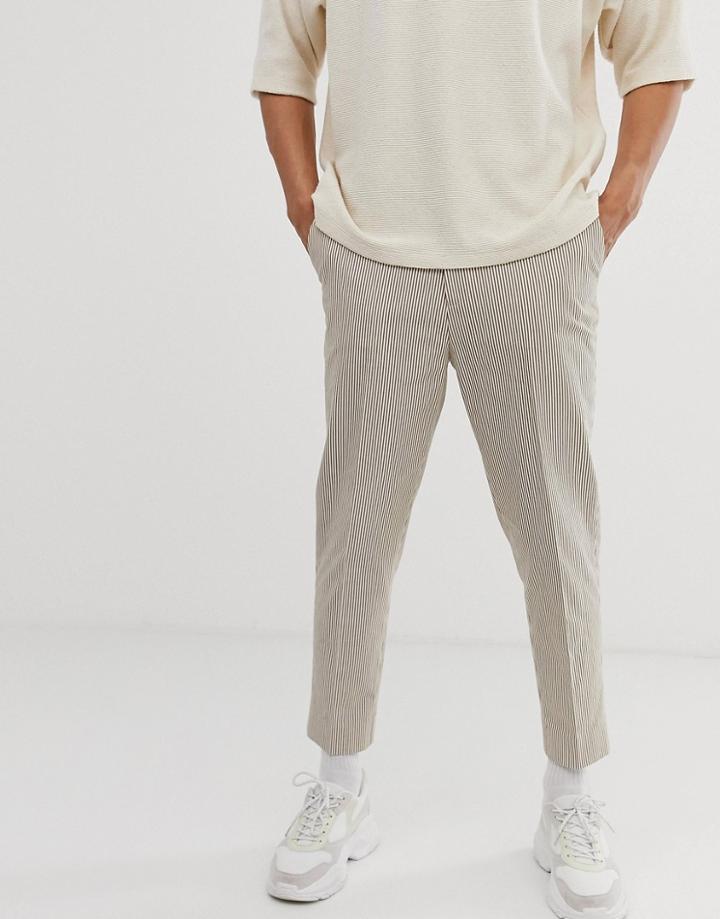 Asos Design Tapered Crop Smart Pants In Beige Seersucker Stripe - Beige