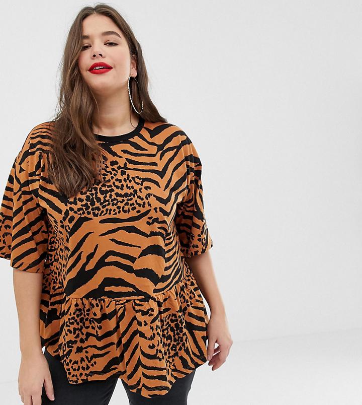 Asos Design Curve Smock Top In Mixed Animal Print-brown