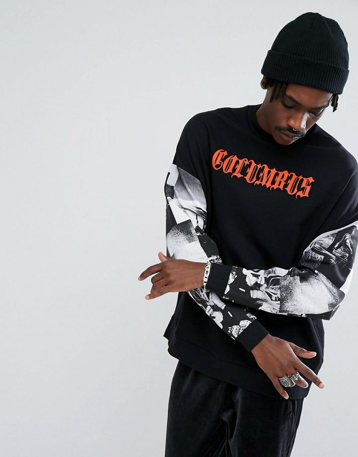 Asos Oversized Sweatshirt With Chest & Sleeve Print - Black