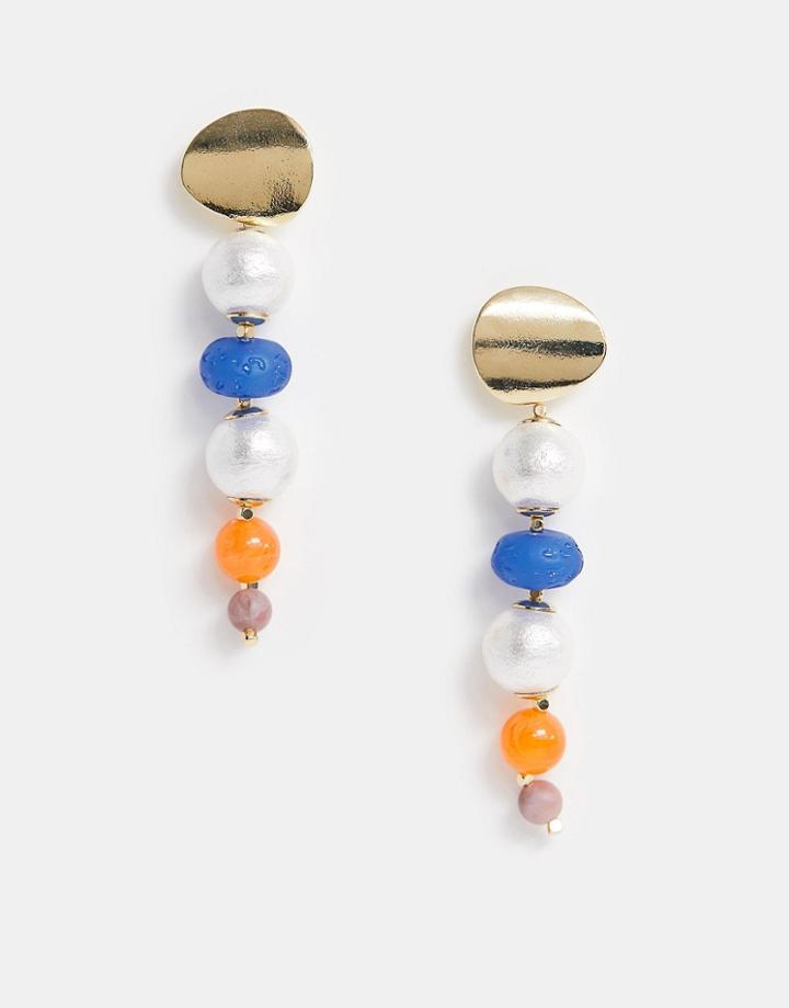 Asos Design Earrings With Beaten Faux Pearl And Resin Beads In Gold Tone - Gold