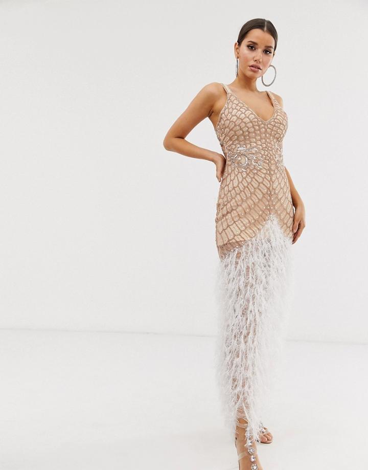 Asos Design Embellished Faux Feather Hem Maxi Dress-pink