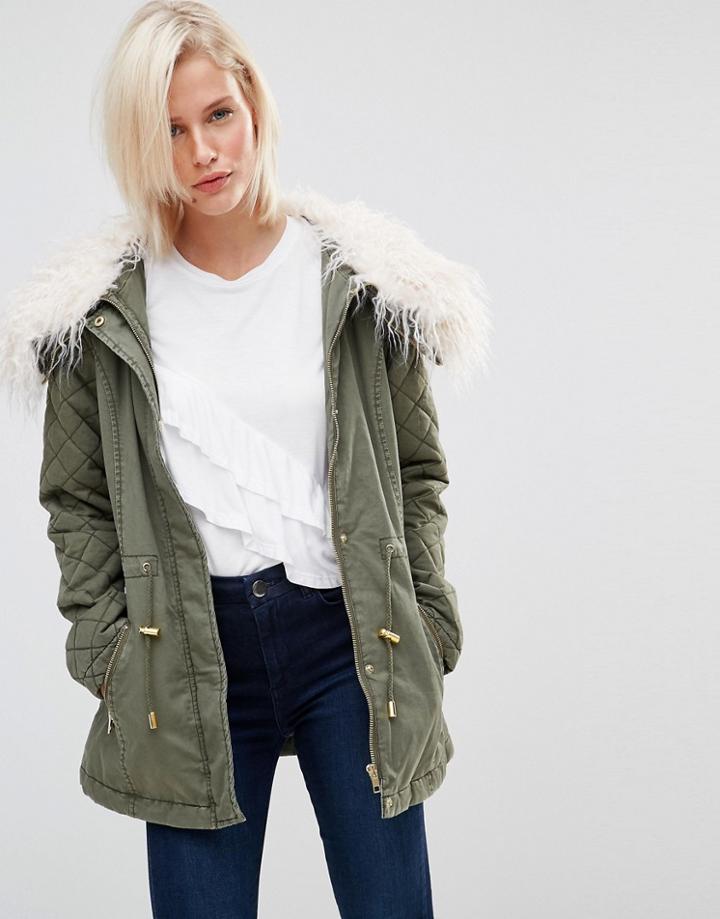 Brave Soul Drawstring Parka With Faux Fur Hood - Green