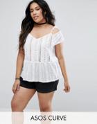 Asos Curve Broderie Trim Cold Shoulder Sun Top With Tassels - White