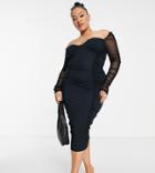 Asos Design Curve Mesh Sleeve Ruched Midi Dress In Black