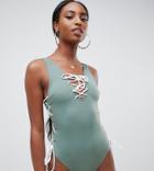 Asos Design Tall Contrast Lace Up Front And Side Swimsuit In Khaki - Green