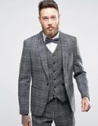 Asos Slim Suit Jacket In Harris Tweed Windowpane Check In 100% Wool - Gray