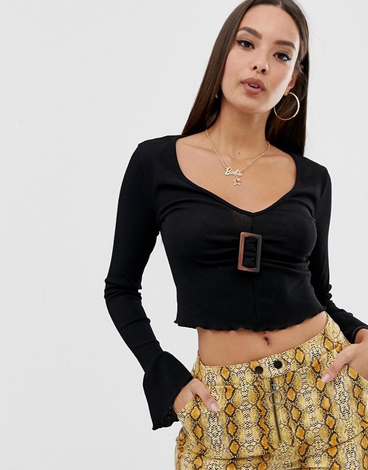 Asos Design Top With Buckle Front And Frill Sleeve-black