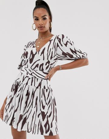 Asos Design Belted Mini Tea Dress With Puff Sleeve In Contemporary Print - Multi