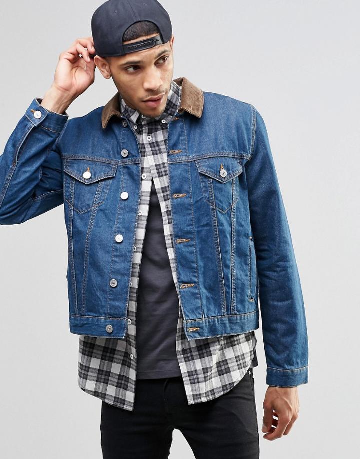 Asos Denim Jacket In Slim Fit In Indigo With Cord Collar - Blue