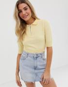 Asos Design Knitted Polo Top With Zip Detail-yellow