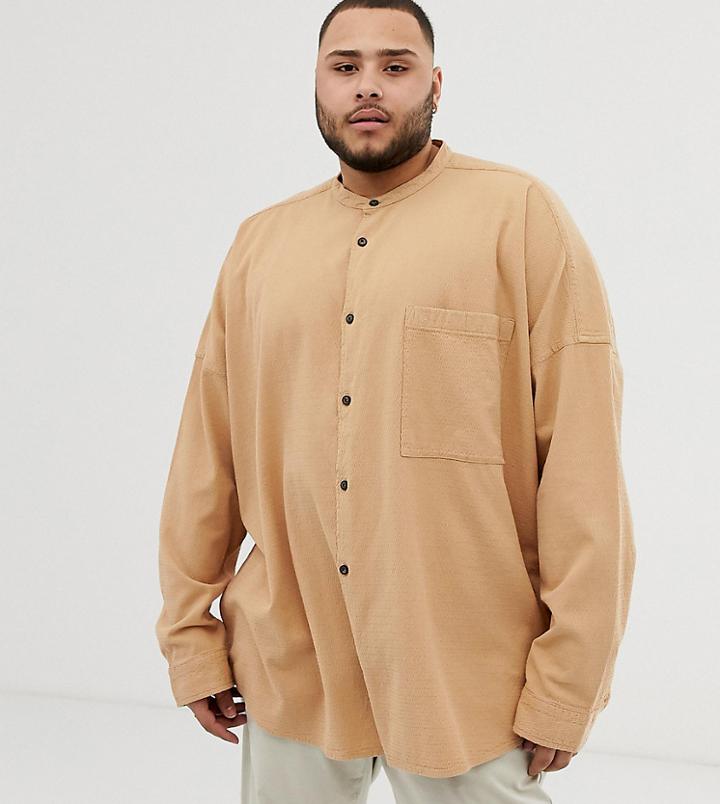 Asos Design Plus Oversized Textured Grandad Collar Shirt In Tan