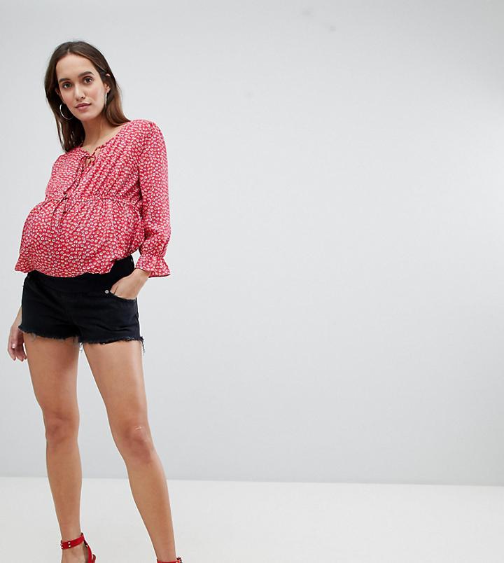 Asos Design Maternity Denim Mid Rise Short With Raw Hem In Washed Black - Black