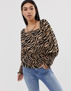 Asos Design Long Sleeve Square Neck Top With Shirred Sleeve Detail In Tiger Animal Print - Multi
