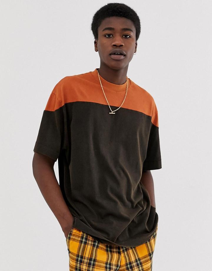 Collusion Washed Color Blocked T-shirt In Black - Black